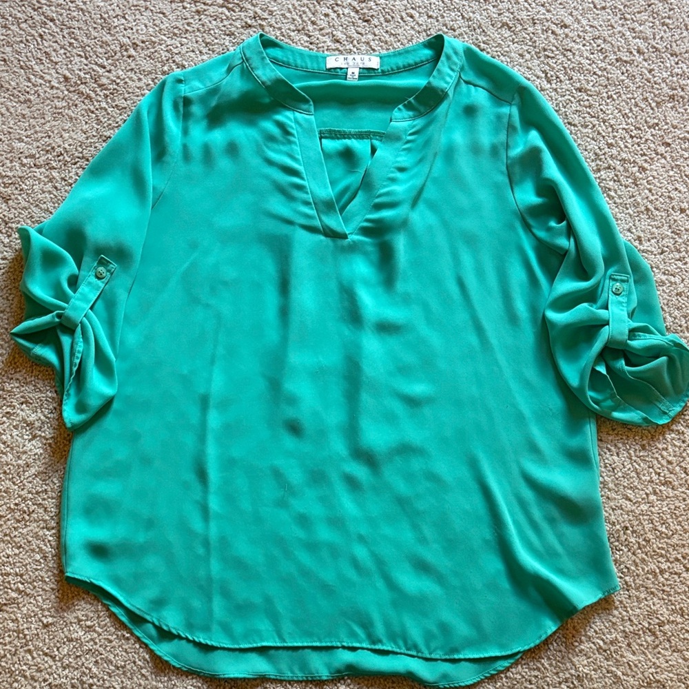 Teal Blouse with Rolled Sleeves